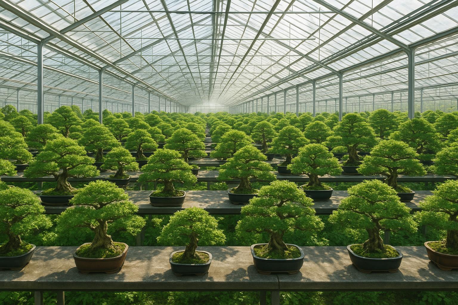 ภาพโรงเรือนบอนไซมืออาชีพ แสงธรรมชาติสว่างและโปร่ง