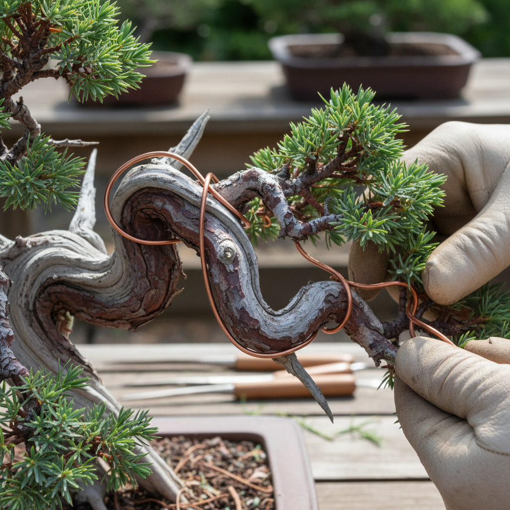 ช่างกำลังพันลวดบนกิ่งจูนิเปอร์
