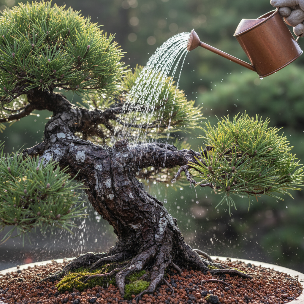 บอนไซสนดำญี่ปุ่นกำลังถูกรดน้ำ แสดงเข็มสีเขียวเข้ม